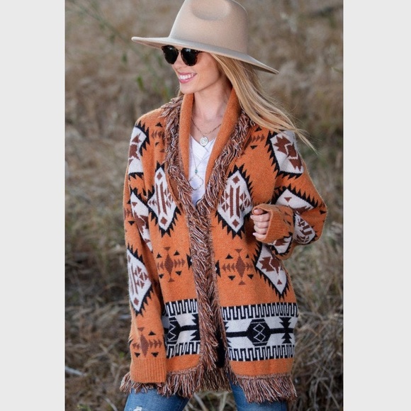 Rust Aztec Fringe Detail Cardigan Sweater - Picture 7 of 7